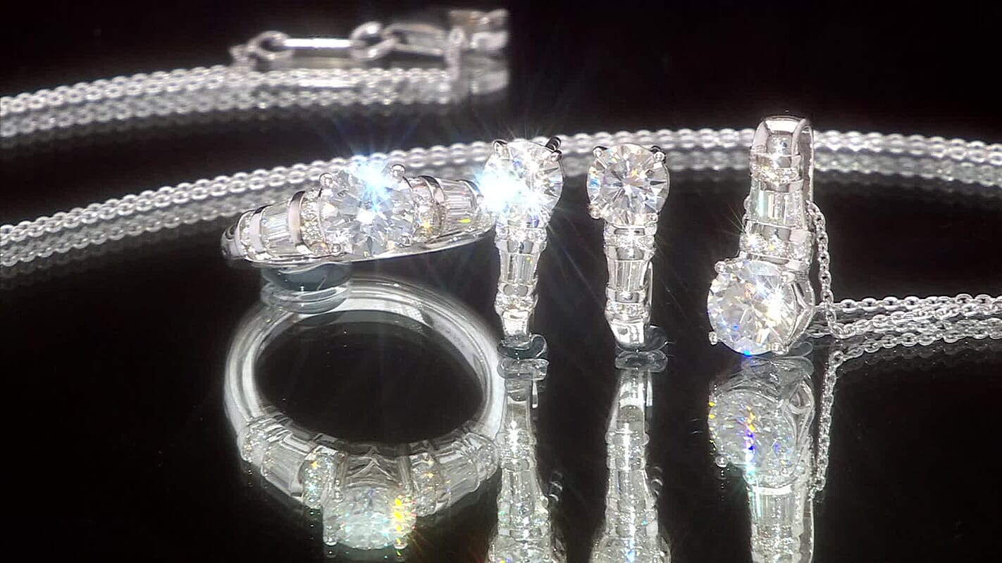 TLV Moissanite (Rnd 7mm) Earrings, Ring (Size 7.0) and Pendant Necklace (20 Inches) in Rhodium Over Sterling Silver 4.90 ctw