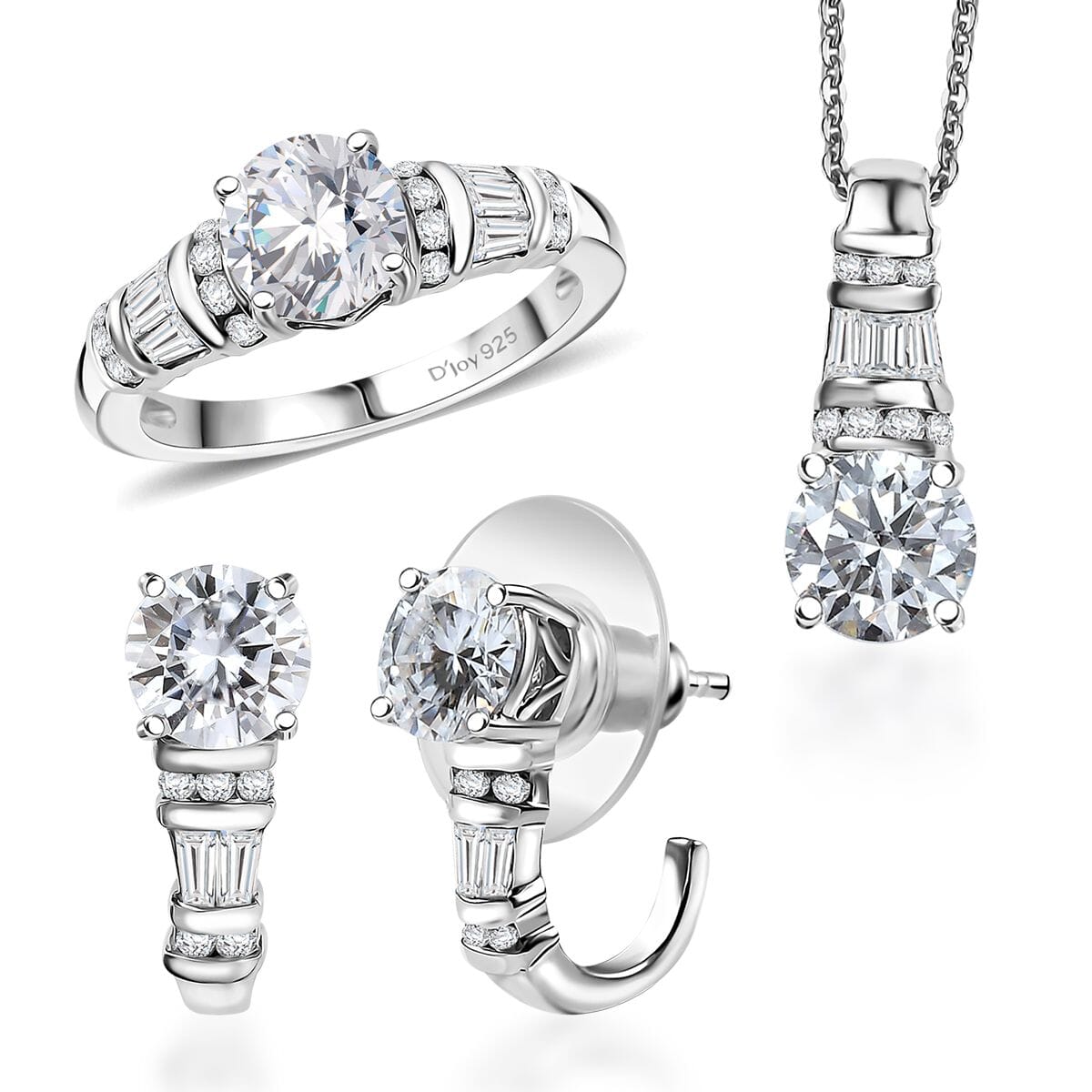 Moissanite 4.90 ctw Earrings, Ring (Size 6.0) and Pendant Necklace 20 Inches in Rhodium Over Sterling Silver image number 0