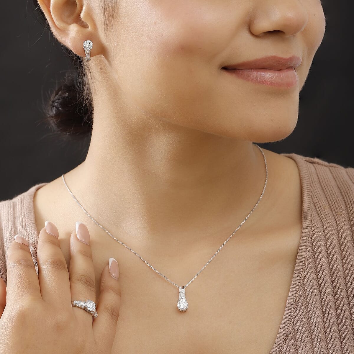 Moissanite 4.90 ctw Earrings, Ring (Size 6.0) and Pendant Necklace 20 Inches in Rhodium Over Sterling Silver image number 3