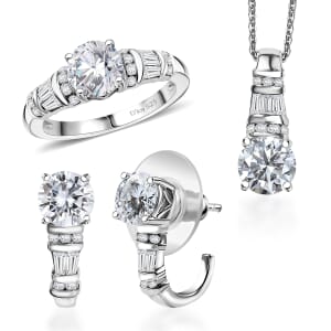 D'Joy Moissanite 4.90 ctw Art Deco Earrings, Ring (Size 7.0) and Pendant Necklace 20 Inches in Rhodium Over Sterling Silver