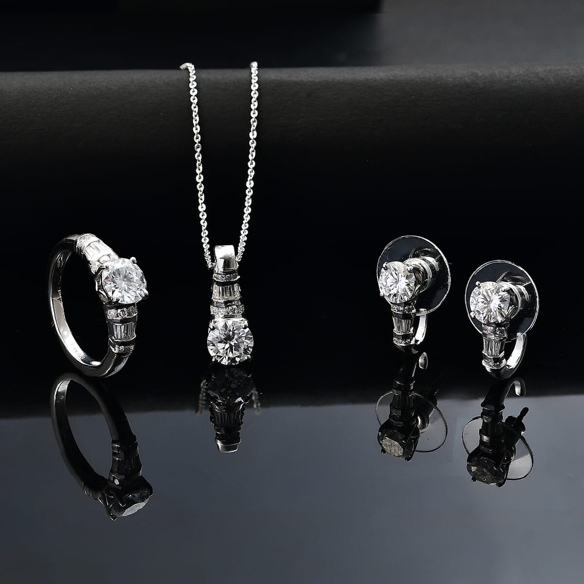 TLV Moissanite (Rnd 7mm) Earrings, Ring (Size 7.0) and Pendant Necklace (20 Inches) in Rhodium Over Sterling Silver 4.90 ctw image number 1