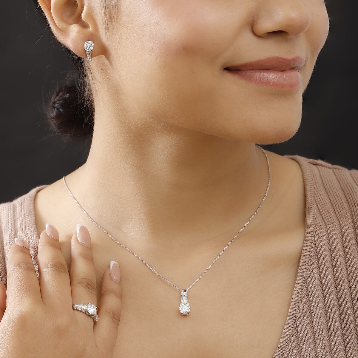 TLV Moissanite (Rnd 7mm) Earrings, Ring (Size 7.0) and Pendant Necklace (20 Inches) in Rhodium Over Sterling Silver 4.90 ctw image number 3