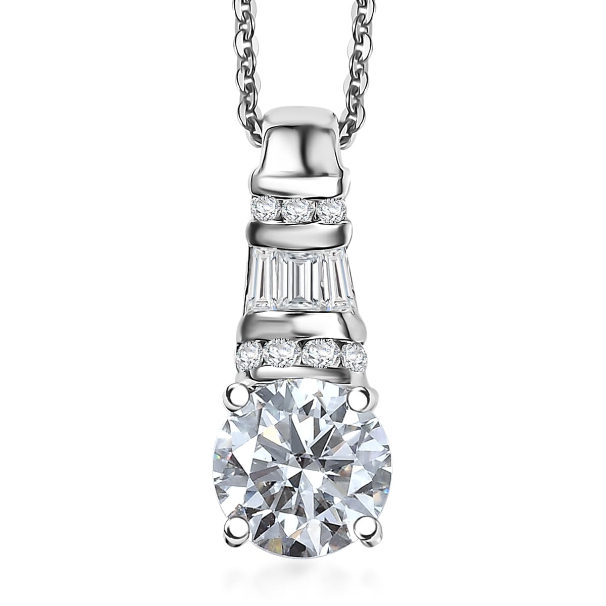 TLV Moissanite (Rnd 7mm) Earrings, Ring (Size 7.0) and Pendant Necklace (20 Inches) in Rhodium Over Sterling Silver 4.90 ctw image number 7