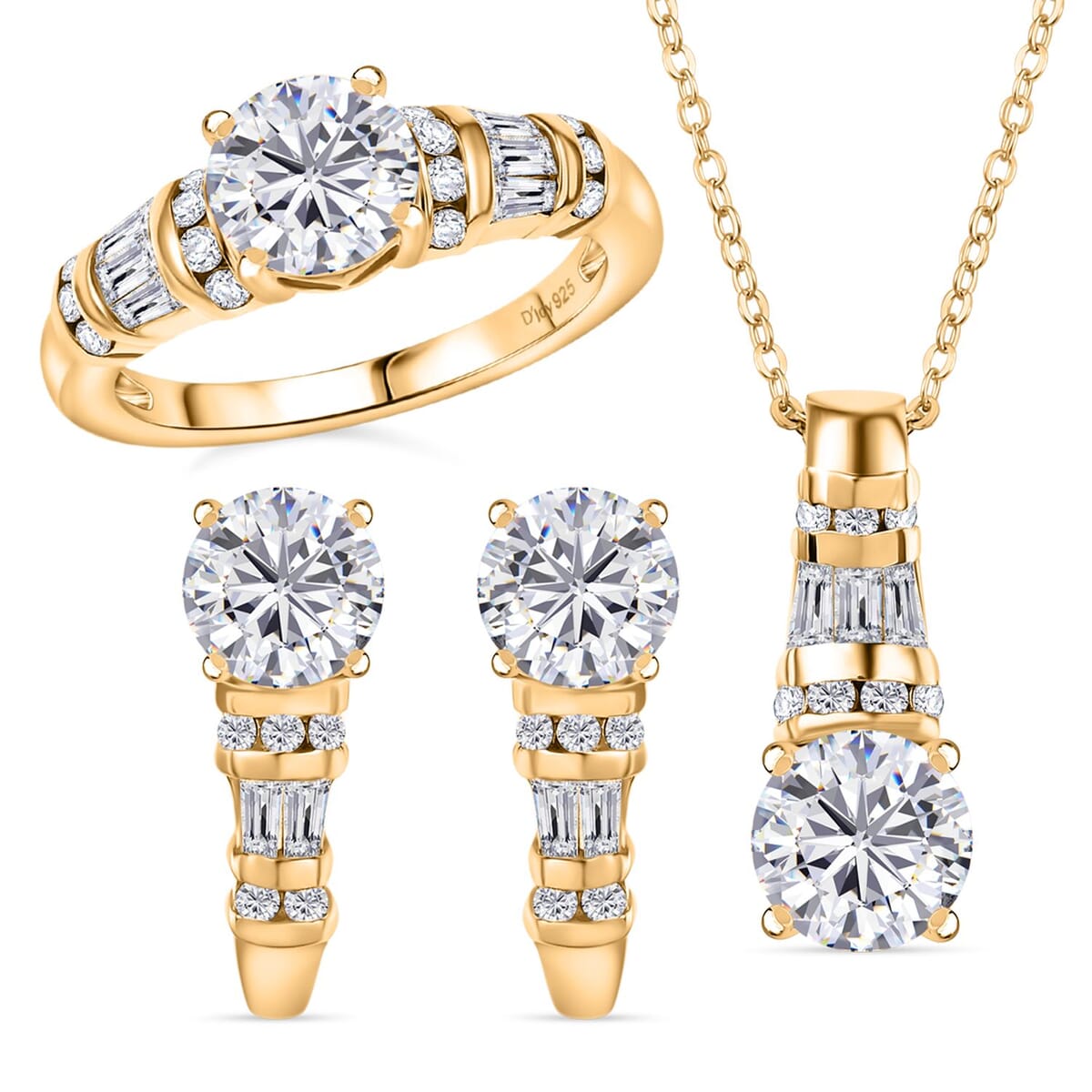 Moissanite 4.90 ctw Earrings, Ring (Size 5.0) and Pendant Necklace 20 Inches in 18K Vermeil Yellow Gold Over Sterling Silver image number 0