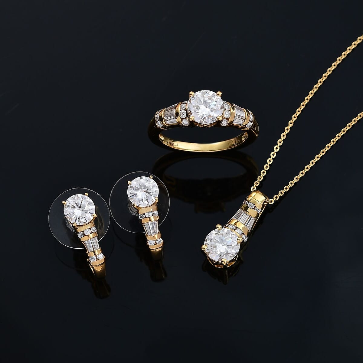 Moissanite 4.90 ctw Earrings, Ring (Size 5.0) and Pendant Necklace 20 Inches in 18K Vermeil Yellow Gold Over Sterling Silver image number 1