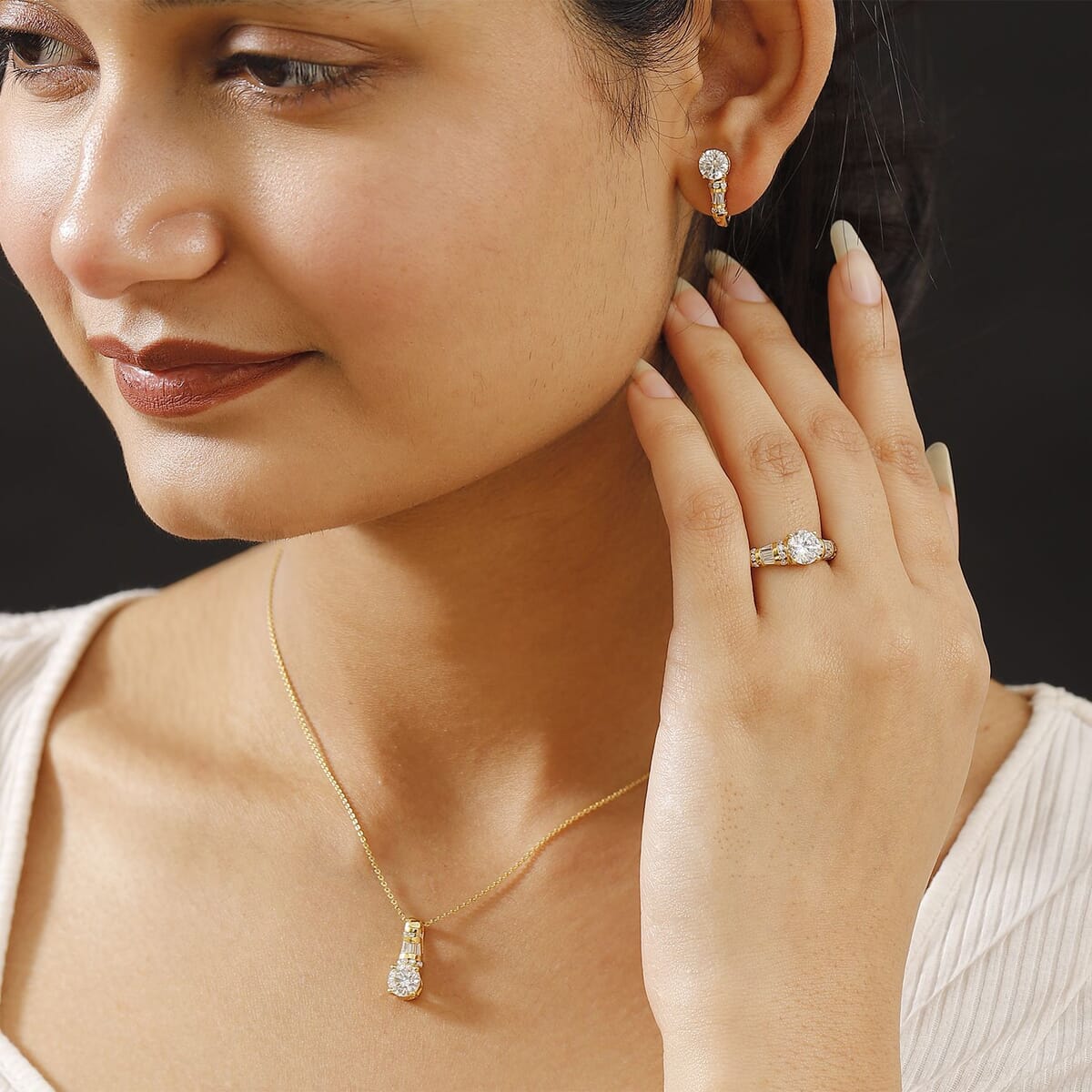 Moissanite 4.90 ctw Earrings, Ring (Size 5.0) and Pendant Necklace 20 Inches in 18K Vermeil Yellow Gold Over Sterling Silver image number 2