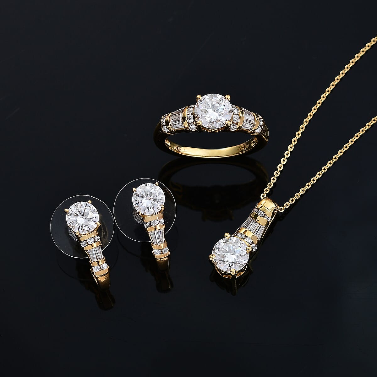 D'Joy Moissanite 4.90 ctw Art Deco Earrings, Ring (Size 7.0) and Pendant Necklace 20 Inches in 18K Vermeil Yellow Gold Over Sterling Silver image number 1