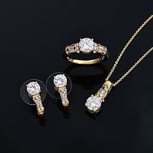 D'Joy Moissanite 4.90 ctw Art Deco Earrings, Ring (Size 7.0) and Pendant Necklace 20 Inches in 18K Vermeil Yellow Gold Over Sterling Silver