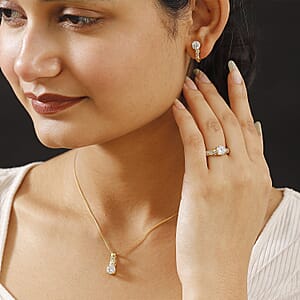 D'Joy Moissanite 4.90 ctw Art Deco Earrings, Ring (Size 7.0) and Pendant Necklace 20 Inches in 18K Vermeil Yellow Gold Over Sterling Silver