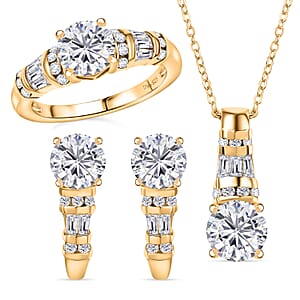 D'Joy Moissanite 4.90 ctw Art Deco Earrings, Ring (Size 8.0) and Pendant Necklace 20 Inches in 18K Vermeil Yellow Gold Over Sterling Silver