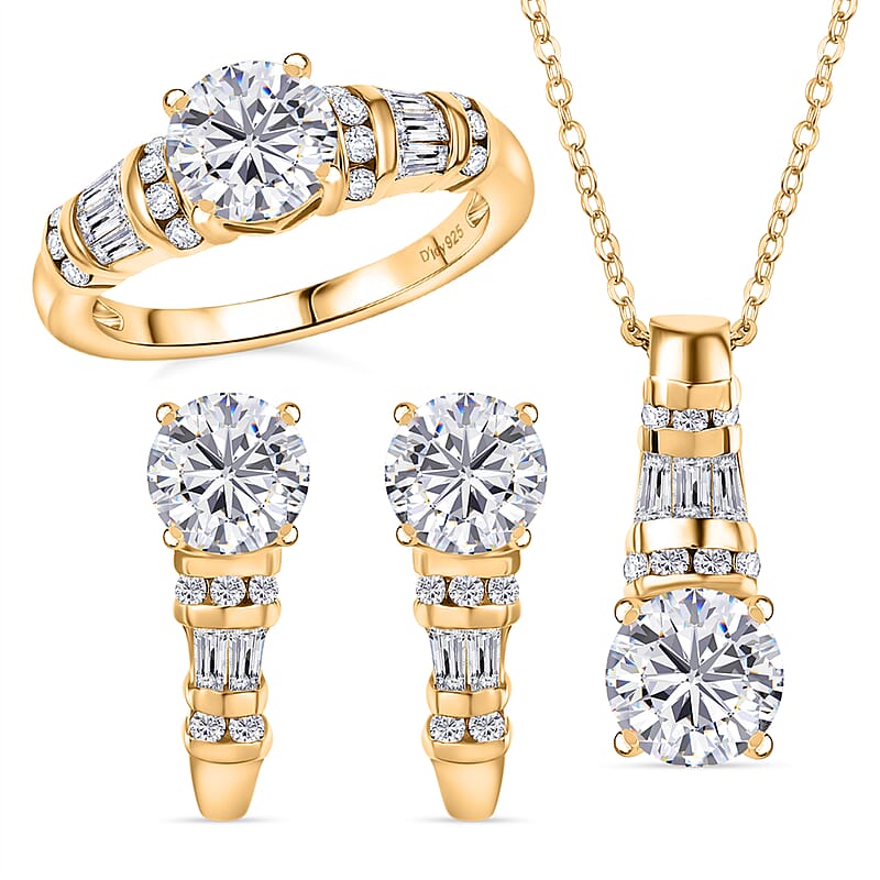 D'Joy Moissanite 4.90 ctw Art Deco Earrings, Ring (Size 10.0) and Pendant Necklace 20 Inches in 18K Vermeil Yellow Gold Over Sterling Silver