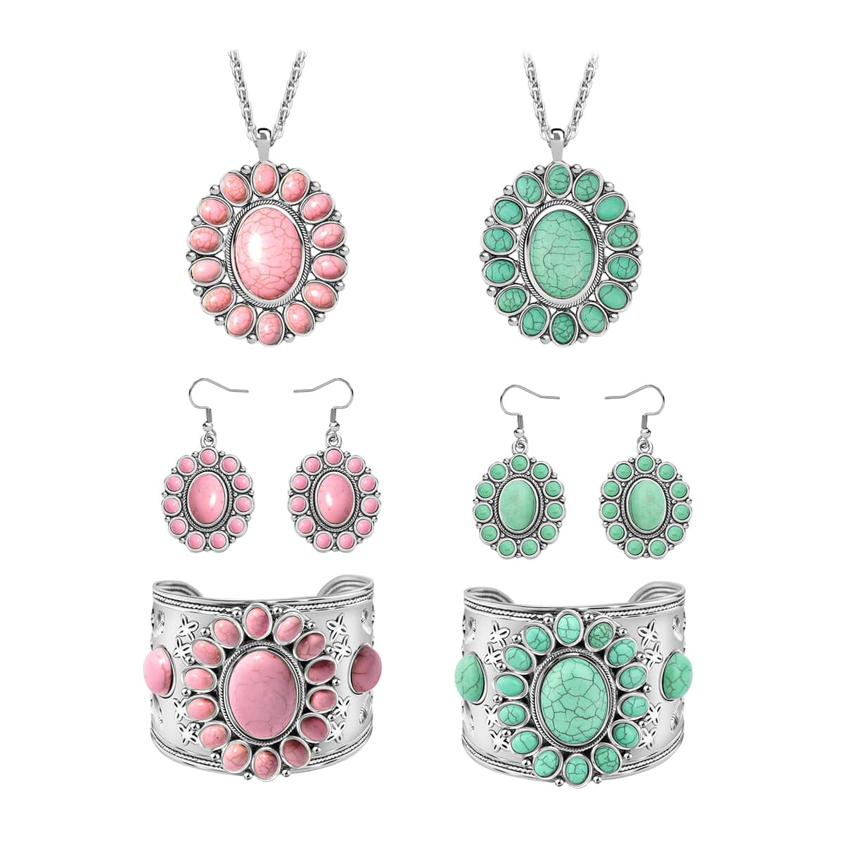 Set of 2 - Pink and Green Howlite 281.00 ctw Floral Cuff Bracelet (7.50-8.50 In), Earrings and Pendant Necklace (26-30 Inches) in Silvertone image number 0