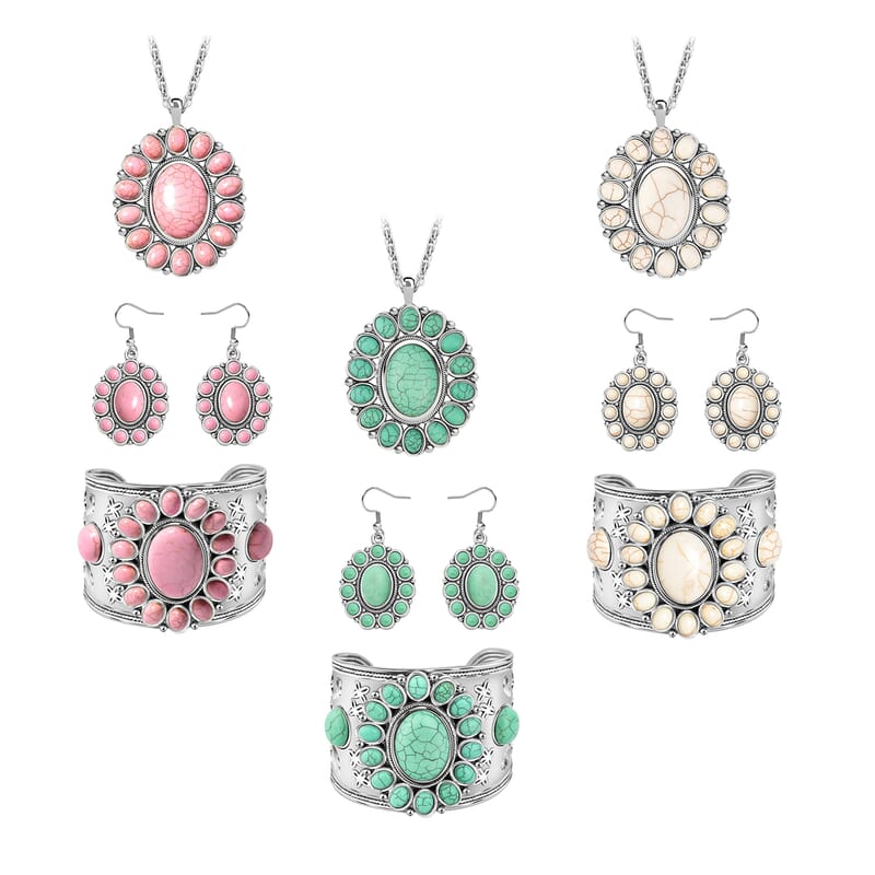 Set of 3 - Constituted Pink, White and Green Howlite 478.00 ctw Floral Cuff Bracelet (7.50-8.50 In), Earrings and Pendant Necklace (26-30 Inches) in Silvertone