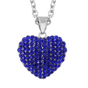 Blue Austrian Crystal Heart Pendant Necklace in Silvertone 24 Inches