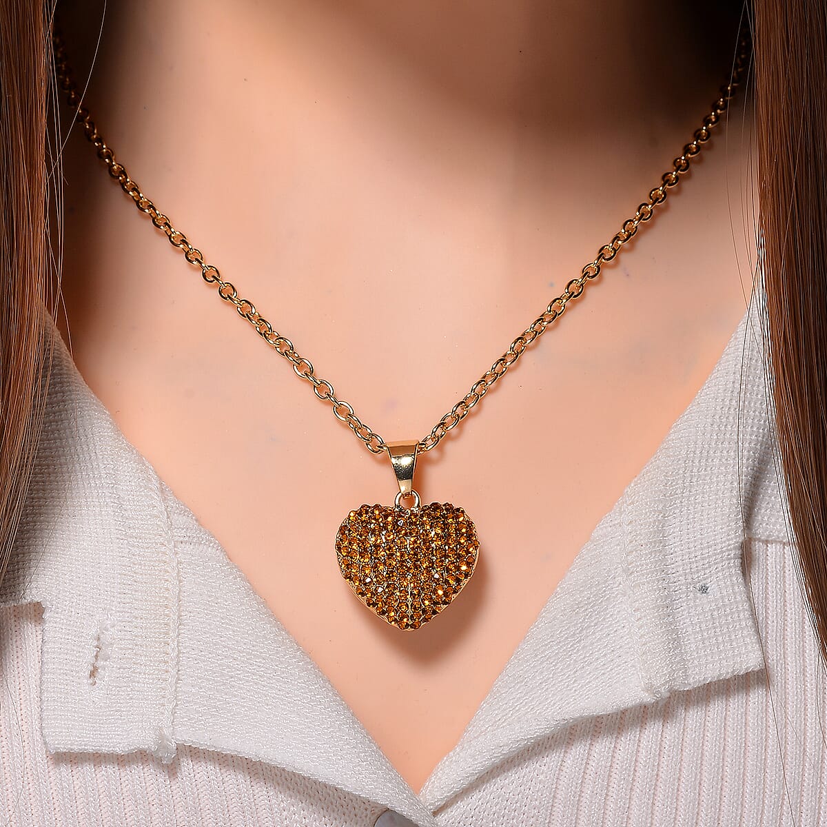 Champagne Austrian Crystal Heart Pendant Necklace in Goldtone 24 Inches image number 1