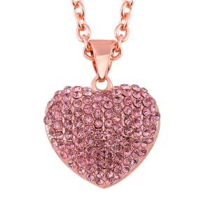 Pink Austrian Crystal Heart Pendant Necklace in Rosetone 24 Inches