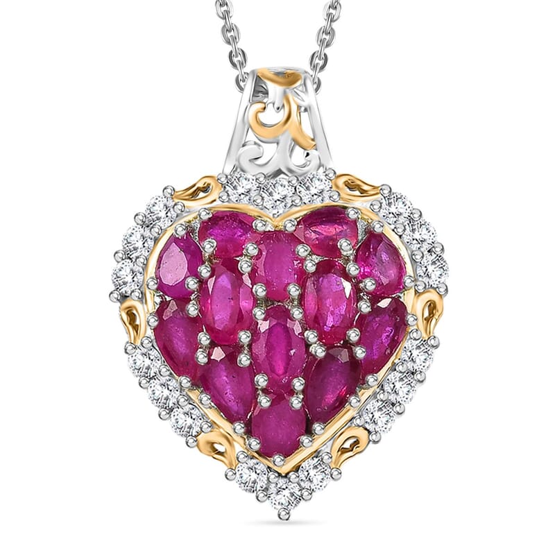 Niassa Ruby (FF) and White Zircon 4.40 ctw Heart Pendant Necklace in 18K Vermeil YG and Rhodium Over Sterling Silver 20 Inches