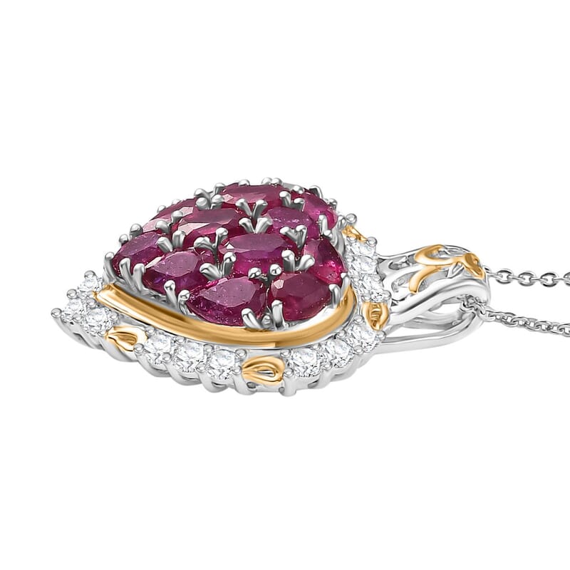 Niassa Ruby (FF) and White Zircon 4.40 ctw Heart Pendant Necklace in 18K Vermeil YG and Rhodium Over Sterling Silver 20 Inches