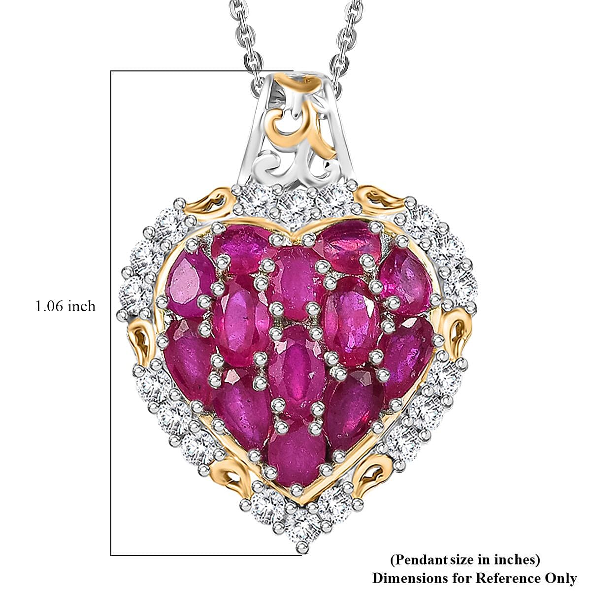 Niassa Ruby (FF) and White Zircon 4.40 ctw Heart Pendant Necklace in 18K Vermeil YG and Rhodium Over Sterling Silver 20 Inches