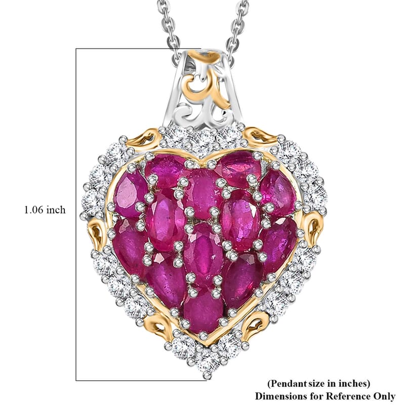 Niassa Ruby (FF) and White Zircon 4.40 ctw Heart Pendant Necklace in 18K Vermeil YG and Rhodium Over Sterling Silver 20 Inches