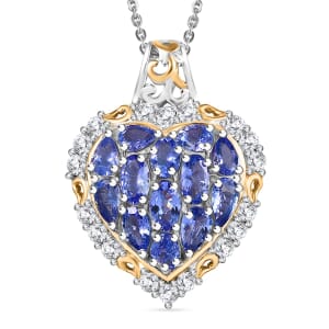 Tanzanite and White Zircon 3.50 ctw Heart Pendant Necklace in 18K Vermeil YG and Rhodium Over Sterling Silver 20 Inches