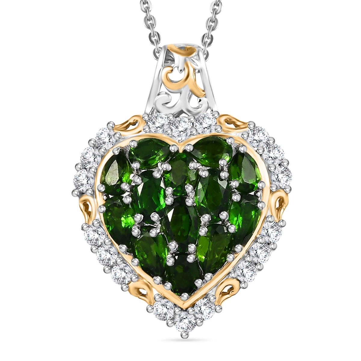 Chrome Diopside and White Zircon 3.70 ctw Heart Pendant Necklace in 18K Vermeil YG and Rhodium Over Sterling Silver 20 Inches image number 0
