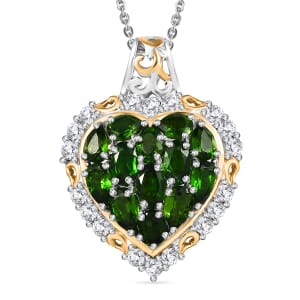 Chrome Diopside and White Zircon 3.70 ctw Heart Pendant Necklace in 18K Vermeil YG and Rhodium Over Sterling Silver 20 Inches