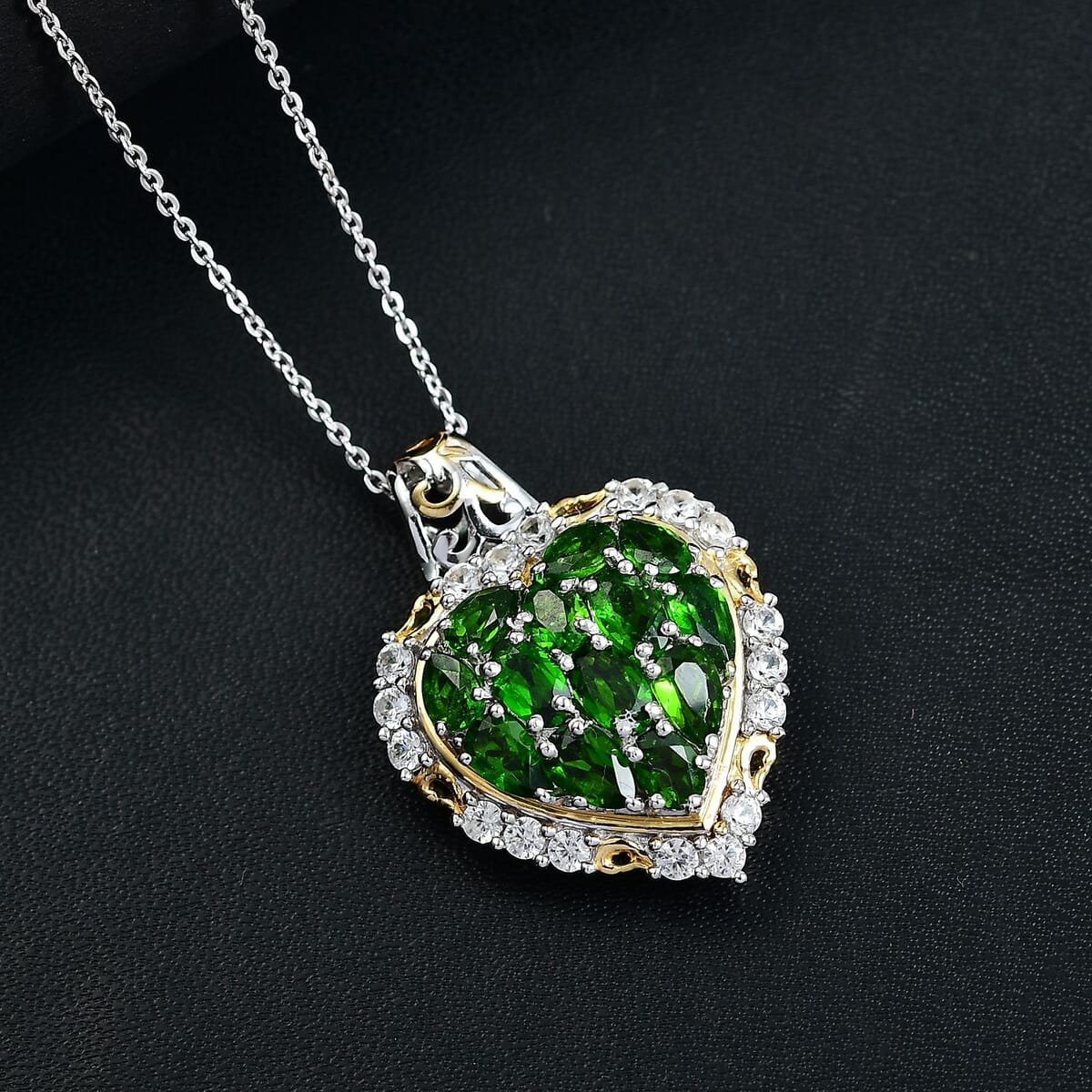 Chrome Diopside and White Zircon 3.70 ctw Heart Pendant Necklace in 18K Vermeil YG and Rhodium Over Sterling Silver 20 Inches image number 1