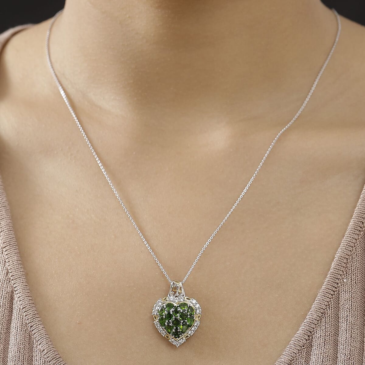 Chrome Diopside and White Zircon 3.70 ctw Heart Pendant Necklace in 18K Vermeil YG and Rhodium Over Sterling Silver 20 Inches image number 2