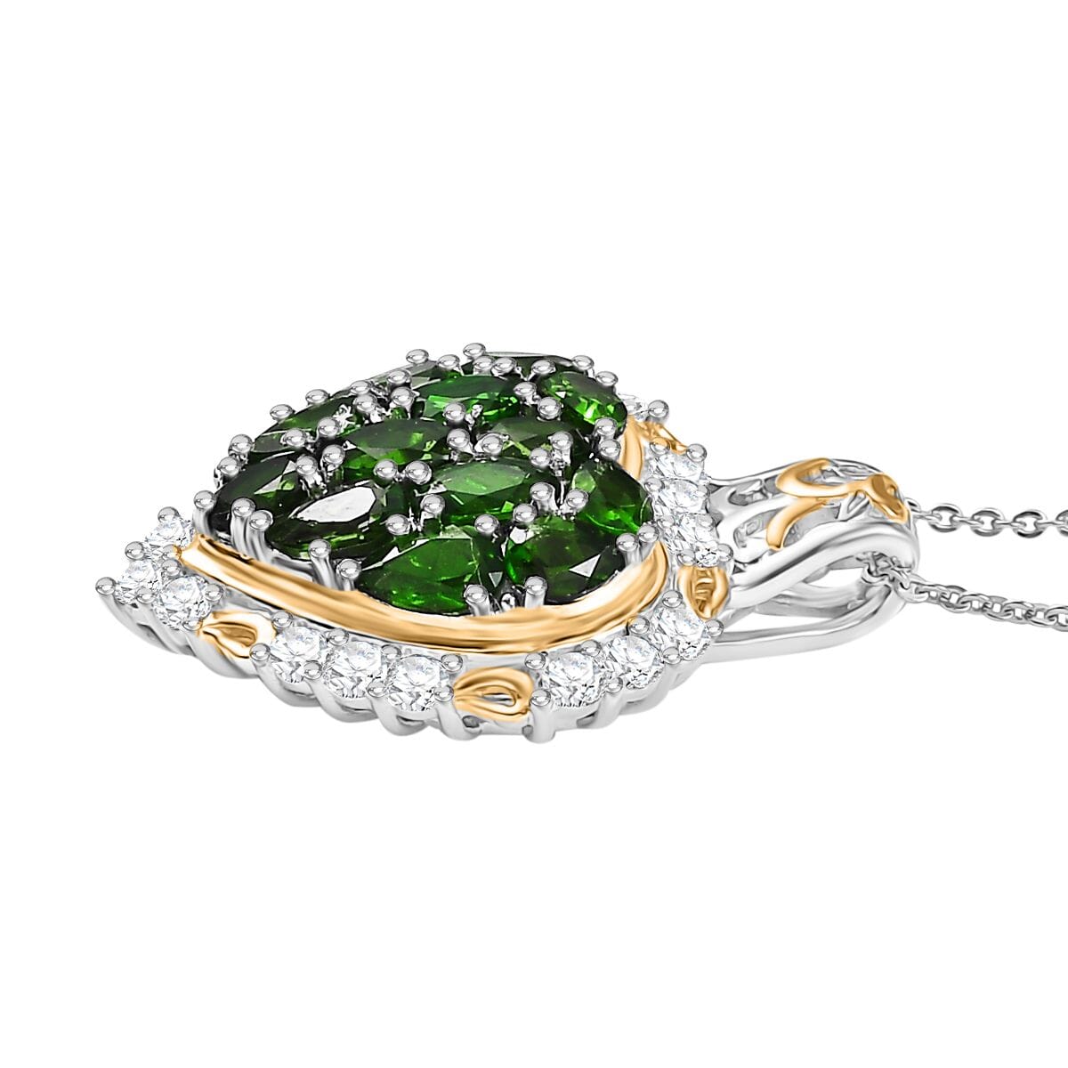 Chrome Diopside and White Zircon 3.70 ctw Heart Pendant Necklace in 18K Vermeil YG and Rhodium Over Sterling Silver 20 Inches image number 3