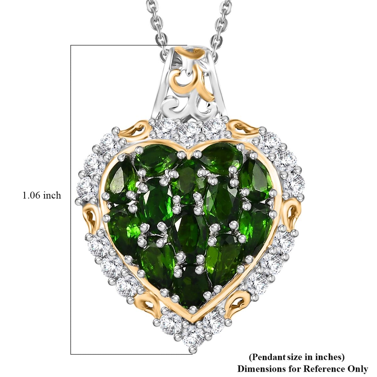 Chrome Diopside and White Zircon 3.70 ctw Heart Pendant Necklace in 18K Vermeil YG and Rhodium Over Sterling Silver 20 Inches image number 5