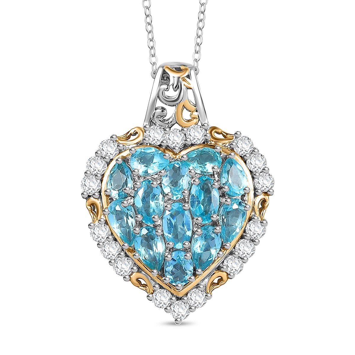 Betroka Blue Apatite, White Zircon Heart Pendant Necklace (20 Inches) in 18K Vermeil YG and Rhodium Over Sterling Silver 3.75 ctw image number 0