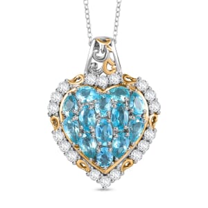 Betroka Blue Apatite, White Zircon Heart Pendant Necklace (20 Inches) in 18K Vermeil YG and Rhodium Over Sterling Silver 3.75 ctw