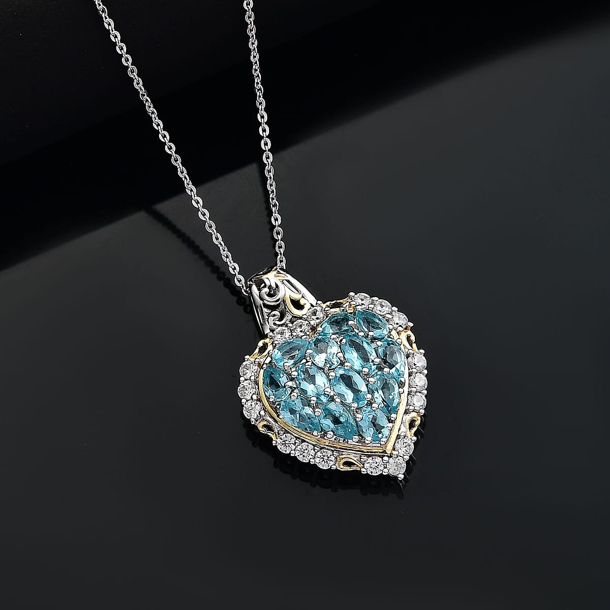 Betroka Blue Apatite, White Zircon Heart Pendant Necklace (20 Inches) in 18K Vermeil YG and Rhodium Over Sterling Silver 3.75 ctw image number 1