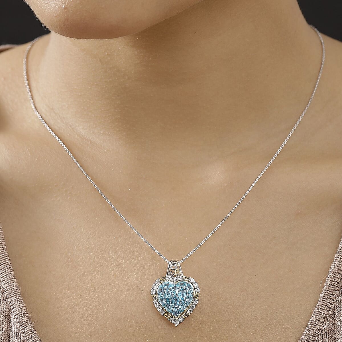 Betroka Blue Apatite, White Zircon Heart Pendant Necklace (20 Inches) in 18K Vermeil YG and Rhodium Over Sterling Silver 3.75 ctw image number 2