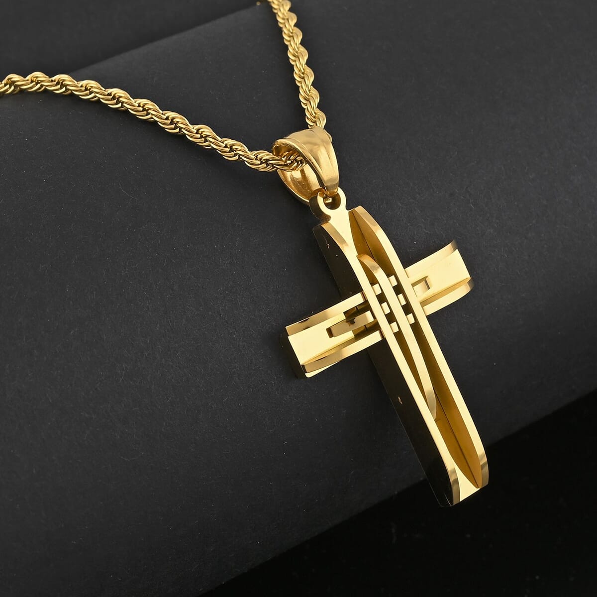 Cross Pendant Necklace 24 Inches in ION Plated YG Stainless Steel image number 1