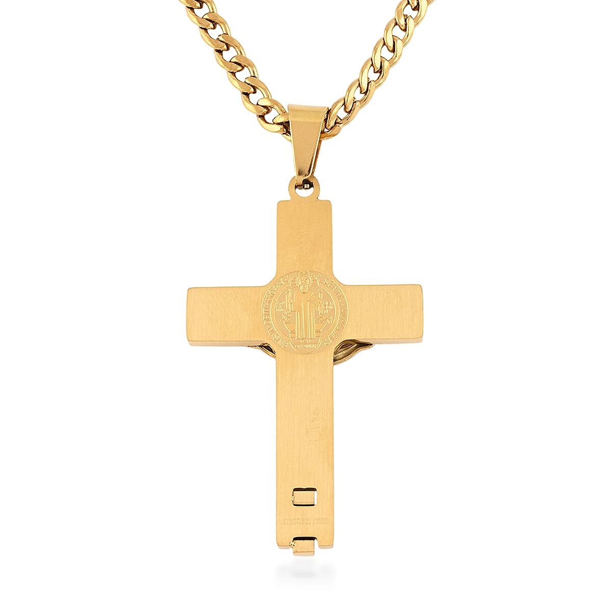Jesus Cross Pendant Necklace in ION Plated YG Stainless Steel 24 Inches image number 4