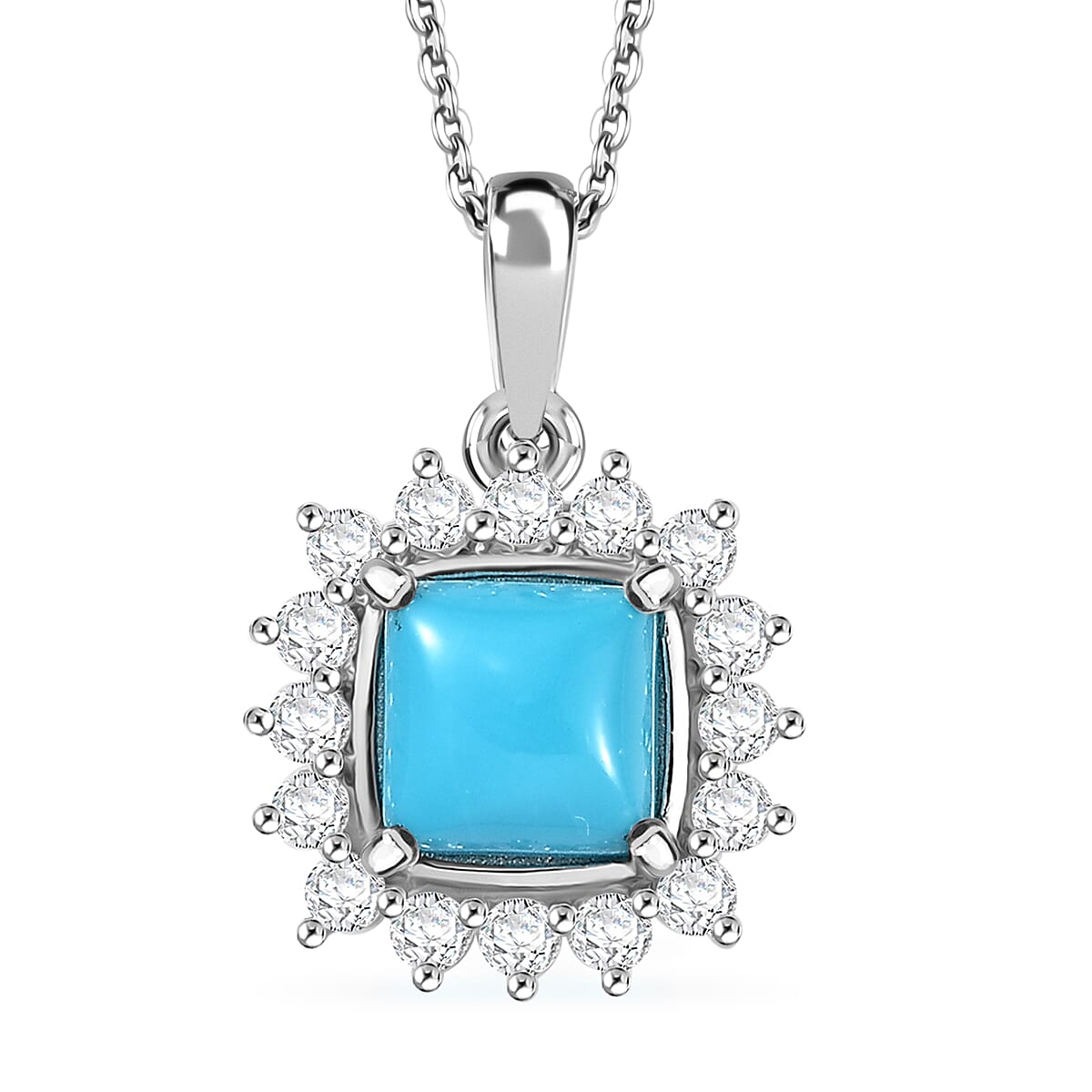 Sleeping Beauty Turquoise and White Zircon 2.35 ctw Sunburst Pendant Necklace in Rhodium Over Sterling Silver 20 Inches image number 0