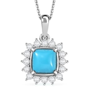 Sleeping Beauty Turquoise and White Zircon 2.35 ctw Sunburst Pendant Necklace in Rhodium Over Sterling Silver 20 Inches
