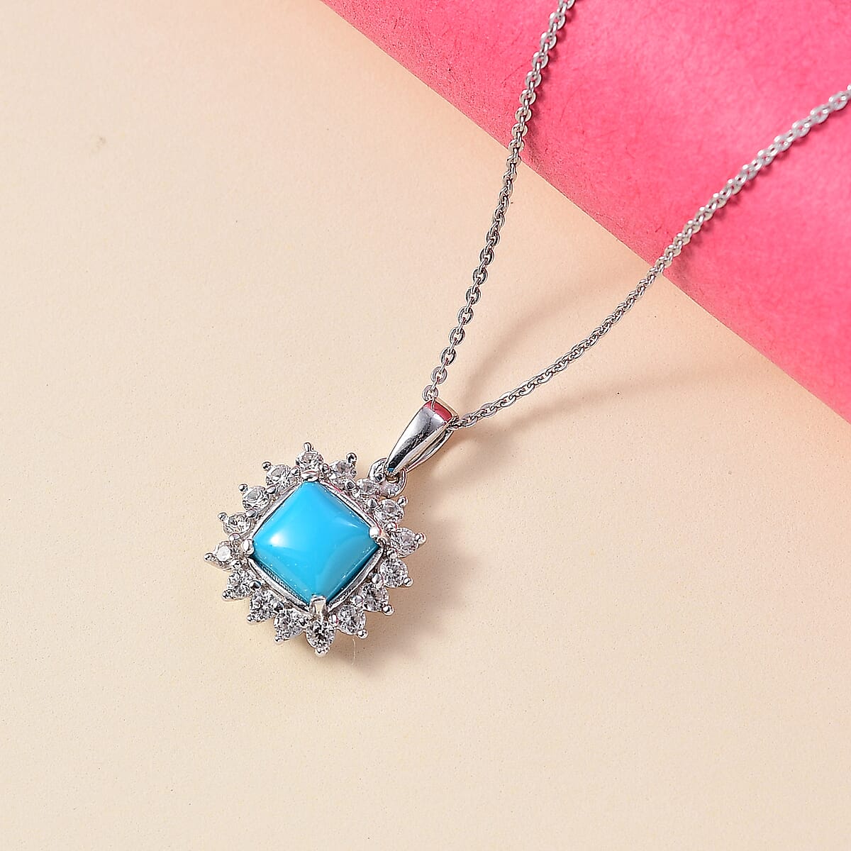 Sleeping Beauty Turquoise and White Zircon 2.35 ctw Sunburst Pendant Necklace in Rhodium Over Sterling Silver 20 Inches image number 1