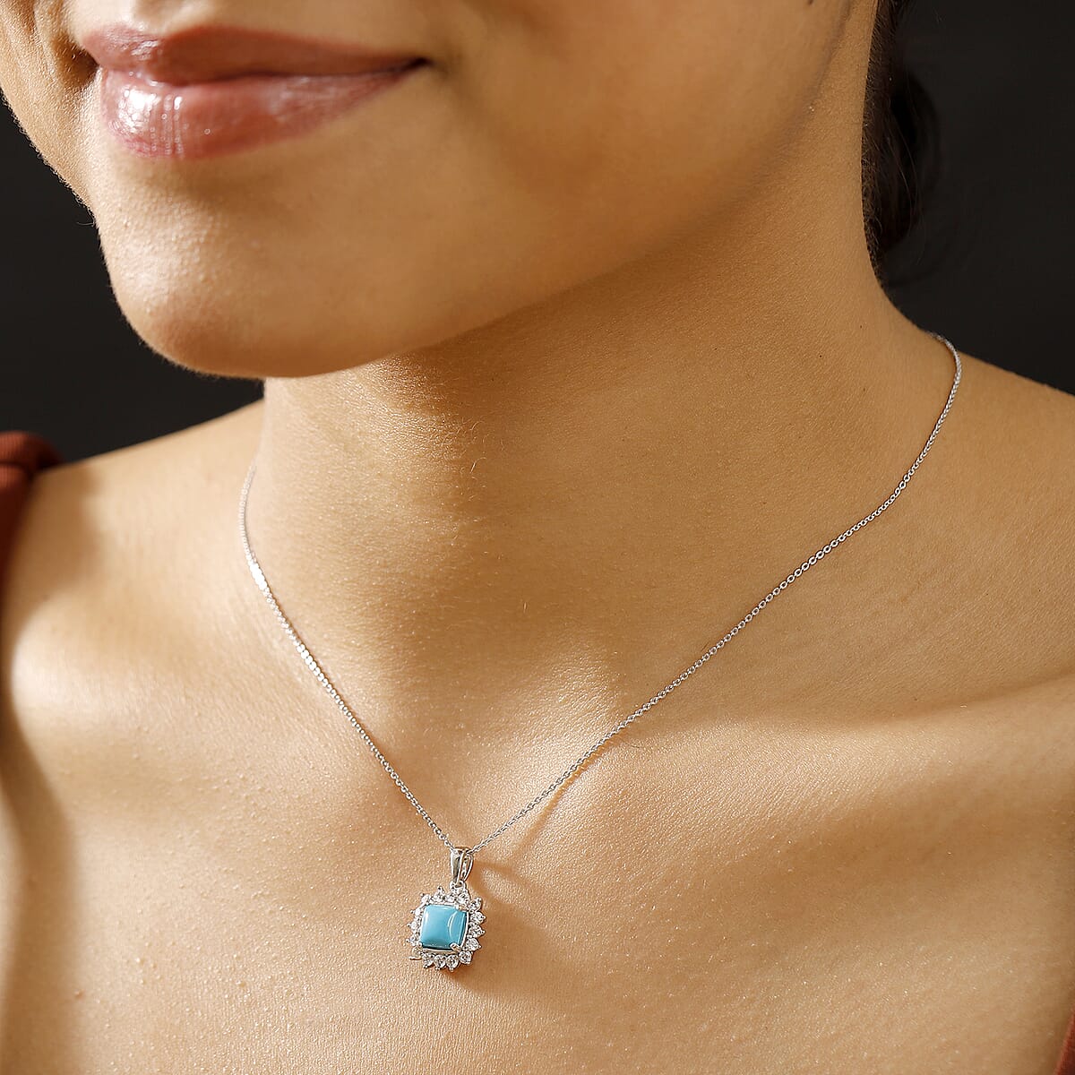 Sleeping Beauty Turquoise and White Zircon 2.35 ctw Sunburst Pendant Necklace in Rhodium Over Sterling Silver 20 Inches image number 2