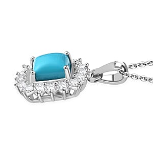 Sleeping Beauty Turquoise and White Zircon 2.35 ctw Sunburst Pendant Necklace in Rhodium Over Sterling Silver 20 Inches