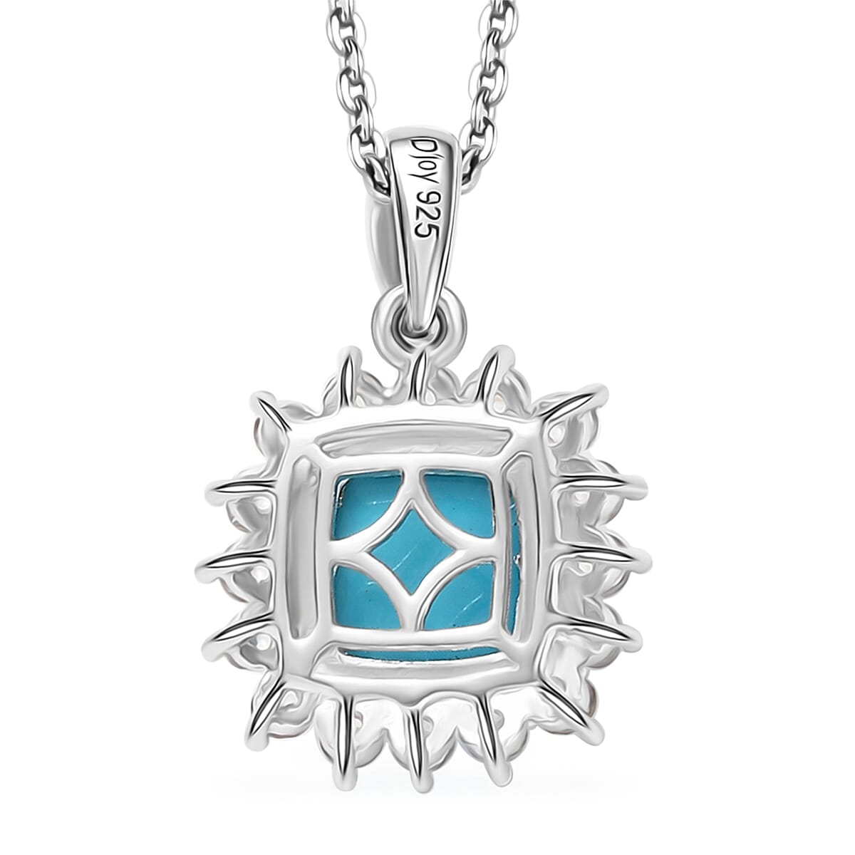 Sleeping Beauty Turquoise and White Zircon 2.35 ctw Sunburst Pendant Necklace in Rhodium Over Sterling Silver 20 Inches image number 4