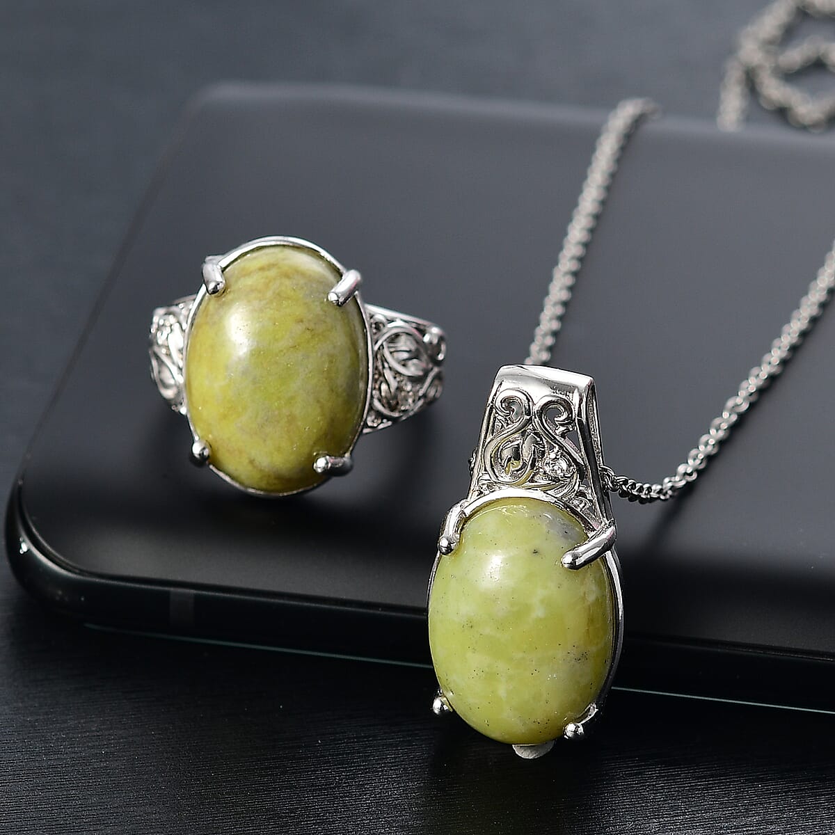 Set of 2 Karis Connemara Marble and White Zircon 24.25 ctw Ring (Size 7.0) Pendant in Platinum Bond with Stainless Steel Necklace 20 Inches image number 1
