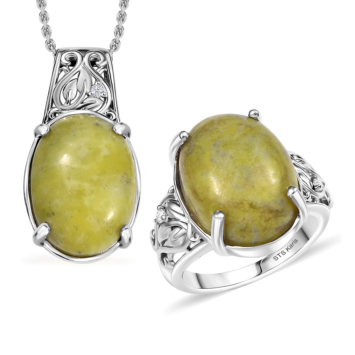 Set of 2 Karis Connemara Marble and White Zircon 24.25 ctw Ring (Size 8.0) Pendant in Platinum Bond with Stainless Steel Necklace 20 Inches image number 0