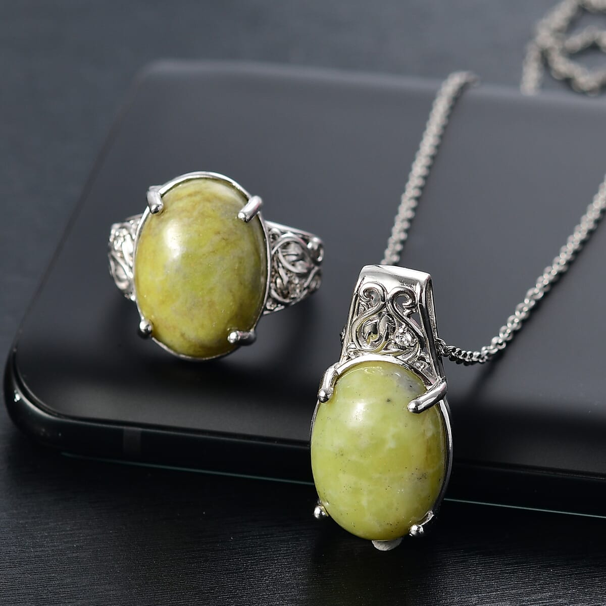 Set of 2 Karis Connemara Marble and White Zircon 24.25 ctw Ring (Size 8.0) Pendant in Platinum Bond with Stainless Steel Necklace 20 Inches image number 1