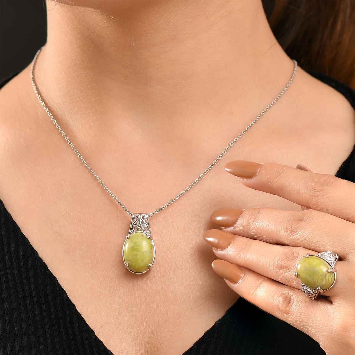 Set of 2 Karis Connemara Marble and White Zircon 24.25 ctw Ring (Size 8.0) Pendant in Platinum Bond with Stainless Steel Necklace 20 Inches image number 2