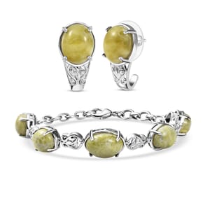 Set of 2 Karis Connemara Marble and White Zircon 29.10 ctw Hoop Earrings and Bracelet (7.25In) in Platinum Bond
