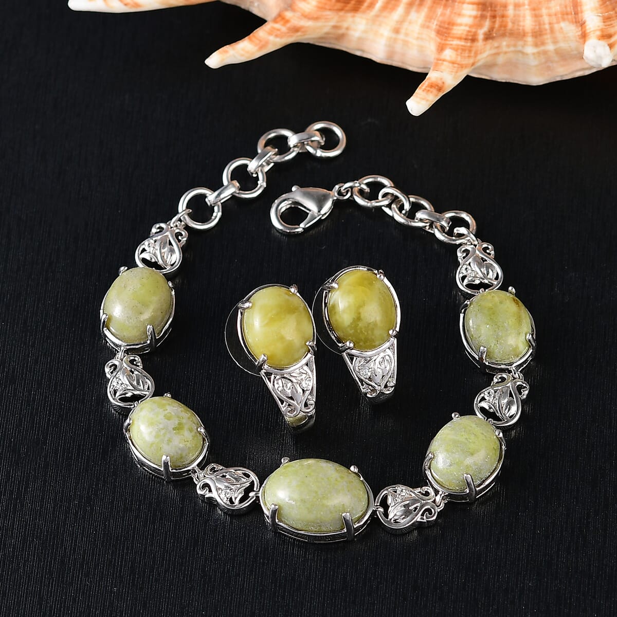 Set of 2 Karis Connemara Marble and White Zircon 29.10 ctw Hoop Earrings and Bracelet (7.25In) in Platinum Bond image number 1