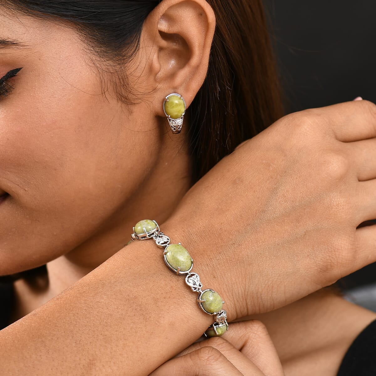 Set of 2 Karis Connemara Marble and White Zircon 29.10 ctw Hoop Earrings and Bracelet (7.25In) in Platinum Bond image number 2